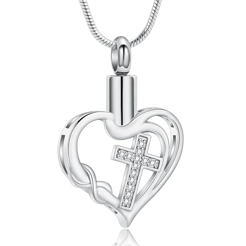 VCCWYQK Urnen Halskette mit Kreuz Liebesherz Unendlichkeitsanhänger für Asche für Frauen Edelstahl Einäscherungsschmuck Gedenkmedaillon Andenken Geschenke für geliebte Menschen Aschenhalter von VCCWYQK