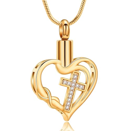 VCCWYQK Urnen Halskette mit Kreuz Liebesherz Unendlichkeitsanhänger für Asche für Frauen Edelstahl Einäscherungsschmuck Gedenkmedaillon Andenken Geschenke für geliebte Menschen Aschenhalter von VCCWYQK