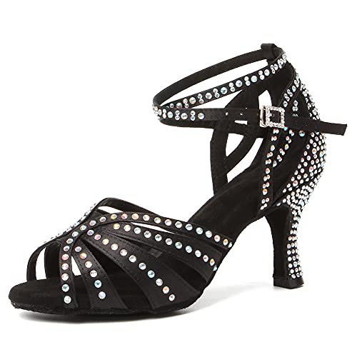 VCIXXVCE Damen Strass Latein Tanzschuhe Satin Ballsaal Salsa Bachata Performance Dance Heels, Schwarz, 38 EU von VCIXXVCE