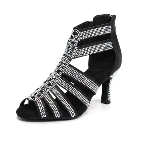 VCIXXVCE Latein Tanzstiefel Schwarz Damen mit Strasssteinen Offene Zehe Salsa Tango Ballsaal Party Leistung Tanzschuhe mit Hohem Absatz 7 cm, 38 EU von VCIXXVCE