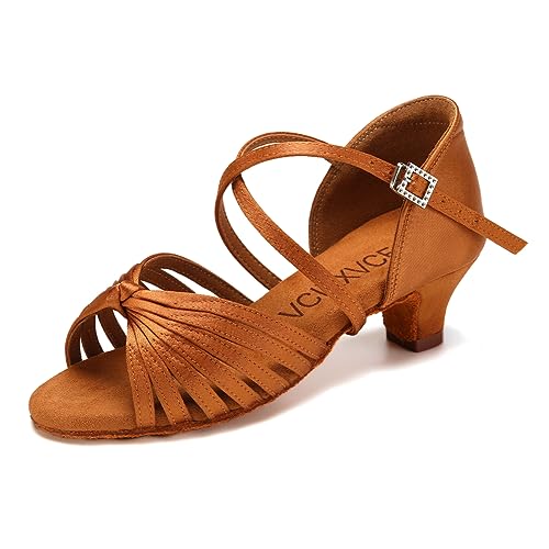 VCIXXVCE Mädchen Latein Tanzschuhe Braun Offene Zehen Satin Salsa Ballsaal Leistung Tanzschuhe 4 cm Absatz, 37 EU von VCIXXVCE