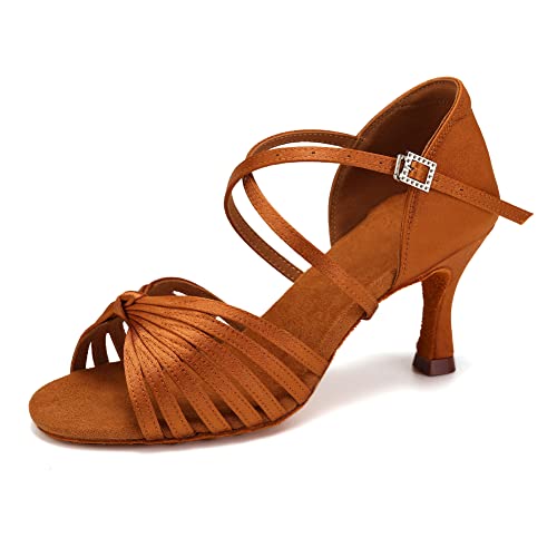 VCIXXVCE Tanzschuhe Latein Damen Frauen Ballsaal Satin Braun Professionelle Party Salsa Tanzübung Performance Schuhe Bachata Tanzschuhe 7.5 cm,38.5 EU von VCIXXVCE