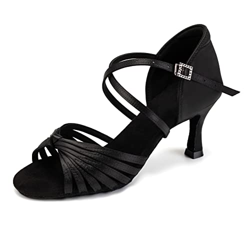 VCIXXVCE Tanzschuhe Latein Damen Frauen Ballsaal Satin Schwarz Professionelle Party Salsa Tanzübung Performance Schuhe Bachata Tanzschuhe 7.5 cm,38.5 EU von VCIXXVCE