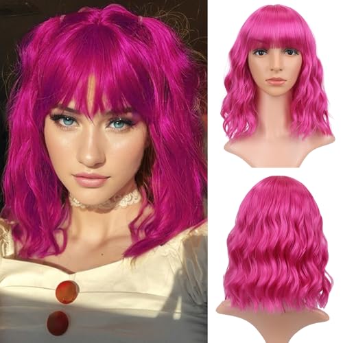 VCKOVCKO Kurze Bob Perücke Barbie Rosa Wellenperücke Luftpony Frauen Schulterlänge Perücke Lockenwell synthetische Cosplay Perücke Pastell Bob Perücke Mädchen Farbe Perücke （12 Zoll Barbie Rosa） von VCKOVCKO