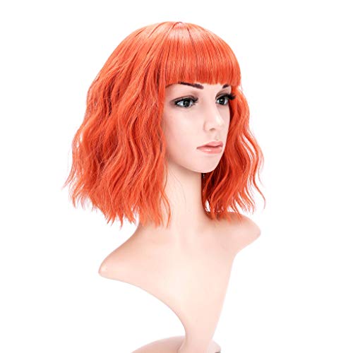 VCKOVCKO Kurze Bob Perücken Pastell Wellige Perücke Mit Luft Pony Schulterlange Perücken Lockige Wellige Synthetische Cosplay Perücke Pastell Perücke Für Mädchen Bunte Kostüm Perücken (12",Orange) von VCKOVCKO