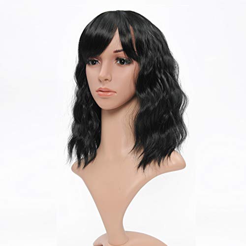 VCKOVCKO Kurze gewellte Perücken Bob Perücken mit Pony Schulterlänge Kurze Perücke Curly Wavy Synthetic Cosplay Perücke Pastell Bob Perücke für Mädchen Bunte Kostüm Perücken (12",Schwarz) von VCKOVCKO