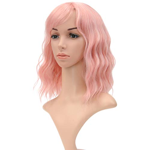 VCKOVCKO Natürliche gewellte Perücke mit Pony Kurze Bob Perücken schulterlange Perücken Lockige gewellte synthetische Cosplay Pastell Perücke für Mädchen Bunte Perücken (12",Hell-Pink) von VCKOVCKO