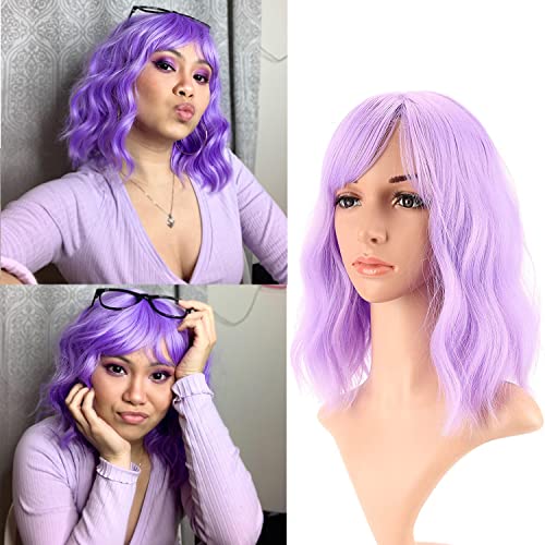 VCKOVCKO Natürliche gewellte Perücke mit Air Pony Kurze Bob Perücken schulterlange Perücken Lockige gewellte synthetische Cosplay Perücke Pastell Bob Perücke für Mädchen Bunte (12",Lila) von VCKOVCKO