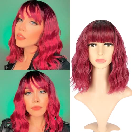 VCKOVCKO Ombre Color Natürliche gewellte Bob Perücke mit Pony Kurze Bob Perücken Damen schulterlange Perücken Schwarz bis Lila Curly Wavy Synthetic Cosplay(12",schwarz bis weinig) von VCKOVCKO