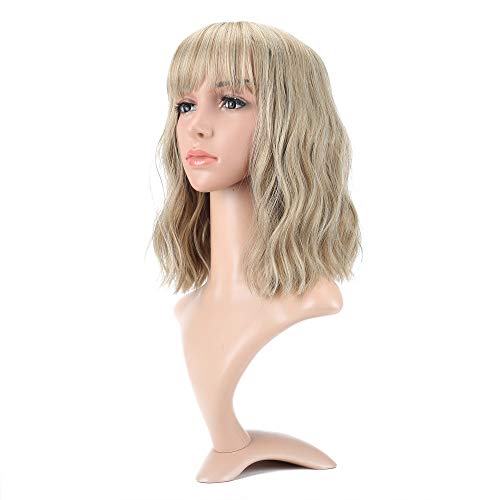 VCKOVCKO Wellenförmige Perücke kurze Bob Perücken mit Pony schulterlange lockige gewellte synthetische Cosplay Perücke Pastell Bob Perücke für Mädchen bunte Kostüm Perücken (12",Blond Mischen) von VCKOVCKO
