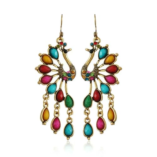 Ohrringe im Vintage-Stil, böhmische Pfauen-Ohrringe für Damen, Boho-Stil, antikes Gold, mehrfarbig, Strass, ethnisches Harz, baumelnde Ohrringe, Grenn von VCODWCSJO