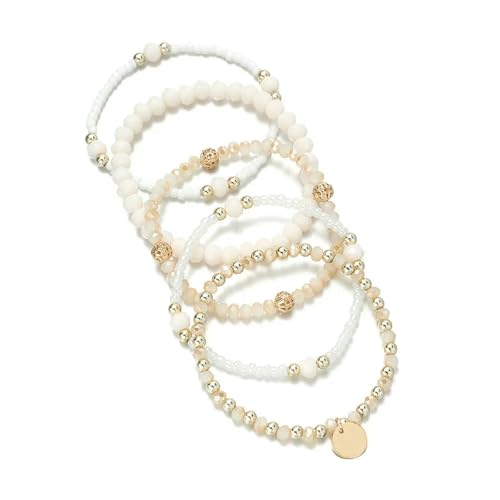 VCODWCSJO 5-teiliges modisches Harzperlen-Armband-Set für Frauen, rundes Stück, Charm, elastische Perlenkette, Armreif, Handgelenkschlaufe, weiblicher Urlaubs-Schmuck-Set von VCODWCSJO