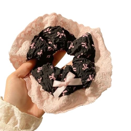 2 Stück süße rosa Schleife Scrunchie Haarschmuck No-Dressing Haargummi Spitze Pferdeschwanzhalter for Frauen Mädchen(Black) von VCSZYAFX