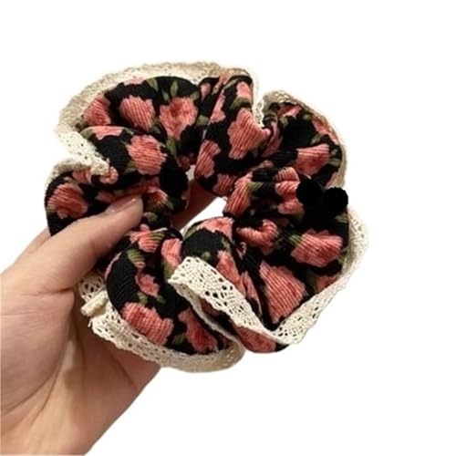 Florale Spitze Retro Blume Scrunchie Frauen Mädchen Elastische Haargummibänder Zubehör Krawatte Haarring Seil Kopfschmuck Kopfbedeckung(Black) von VCSZYAFX