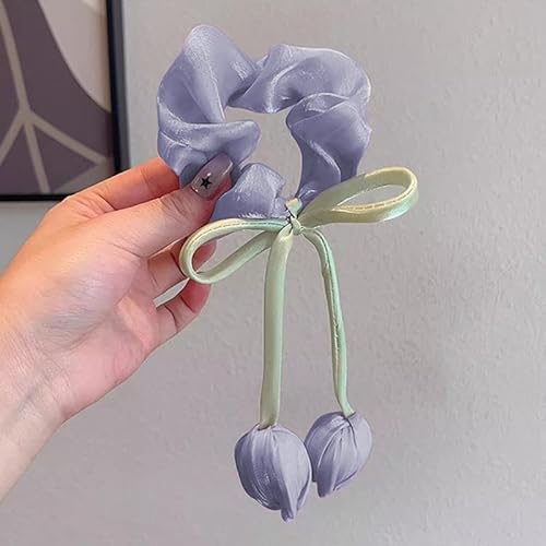 Frauen Mädchen süße Haarbänder Spitzenrand Mesh/Schleifen Bänder Haar Tulpe Stirnband Band Lolita Pferdeschwanzhalter(Purple Tulip Flowers) von VCSZYAFX