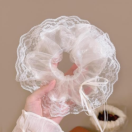 Frauen Mädchen süße Haarbänder Spitzenrand Mesh/Schleifen Bänder Haar Tulpe Stirnband Band Lolita Pferdeschwanzhalter(White) von VCSZYAFX