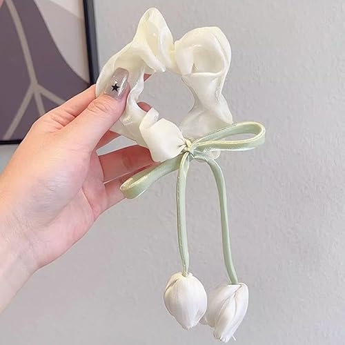 Frauen Mädchen süße Haarbänder Spitzenrand Mesh/Schleifen Bänder Haar Tulpe Stirnband Band Lolita Pferdeschwanzhalter(White Tulip Flowers) von VCSZYAFX
