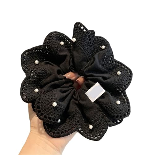 Süße Spitze Große Blume Scrunchies Perle Haar Krawatte Pferdeschwanz Gummiband Frauen Kopf Seil(Black) von VCSZYAFX