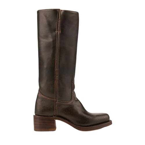 VCSZYAFX 40-46 Große Größe Retro Damenschuhe Quadratischer Absatz Runde Zehen Kniehohe Stiefel Damen Breite Röhre Solide Cowboy(Dark Brown,Color44) von VCSZYAFX