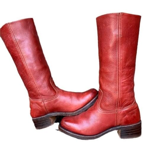 VCSZYAFX 40-46 Große Größe Retro Damenschuhe Quadratischer Absatz Runde Zehen Kniehohe Stiefel Damen Breite Röhre Solide Cowboy(Red,Color42) von VCSZYAFX