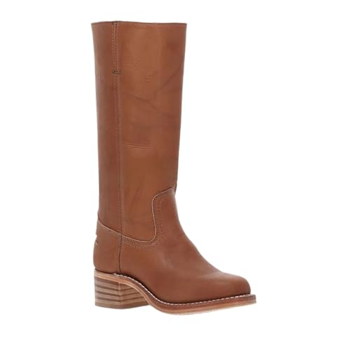 VCSZYAFX 40-46 Große Größe Retro Damenschuhe Quadratischer Absatz Runde Zehen Kniehohe Stiefel Damen Breite Röhre Solide Cowboy(Red-brown,Color43) von VCSZYAFX