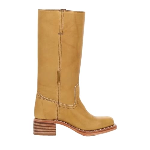 VCSZYAFX 40-46 Große Größe Retro Damenschuhe Quadratischer Absatz Runde Zehen Kniehohe Stiefel Damen Breite Röhre Solide Cowboy(Yellow,Color44) von VCSZYAFX
