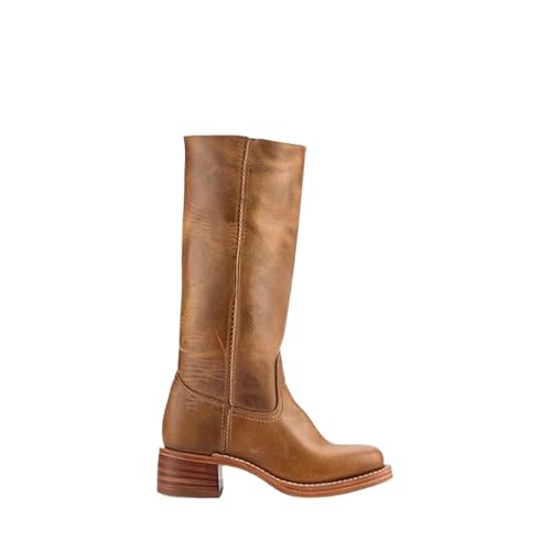VCSZYAFX 40-46 Große Größe Retro Damenschuhe Quadratischer Absatz Runde Zehen Kniehohe Stiefel Damen Breite Röhre Solide Cowboy(Yellow-brown,41) von VCSZYAFX