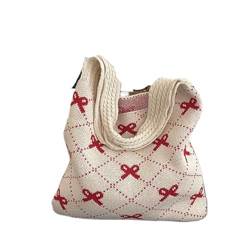 VCSZYAFX Bow Knitted Damen Faltbare Seil Schulter Süße Strickhandtasche Einkaufstasche(Beige) von VCSZYAFX