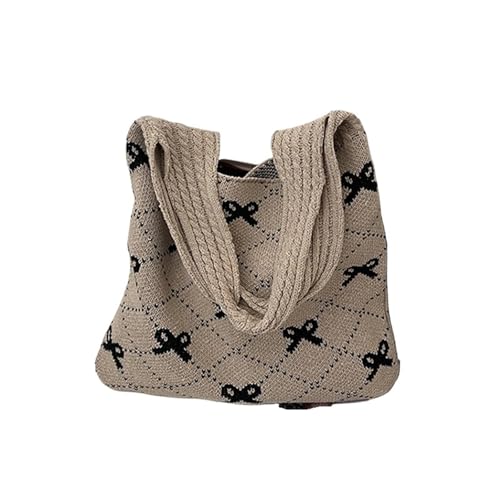 VCSZYAFX Bow Knitted Damen Faltbare Seil Schulter Süße Strickhandtasche Einkaufstasche(Khaki) von VCSZYAFX