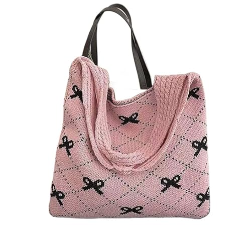 VCSZYAFX Bow Knitted Damen Faltbare Seil Schulter Süße Strickhandtasche Einkaufstasche(Pink) von VCSZYAFX