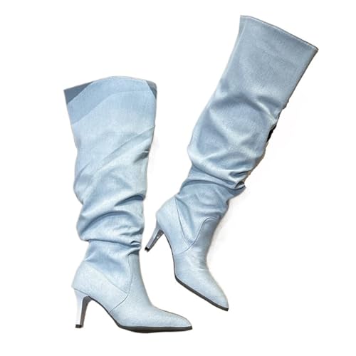 VCSZYAFX Canvas High Heels Kniestiefel Damen Spitz Top Cosplay Party Schuhe Frau Western Cowboy Boot(35) von VCSZYAFX