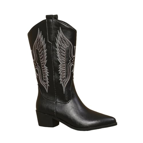 VCSZYAFX Cowgirl High Knee Stiefel Keilabsatz bestickt Winterschuhe for Frauen weiß rot rosa Cowboy(Black,37) von VCSZYAFX