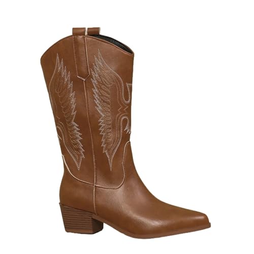 VCSZYAFX Cowgirl High Knee Stiefel Keilabsatz bestickt Winterschuhe for Frauen weiß rot rosa Cowboy(Light brown,36) von VCSZYAFX