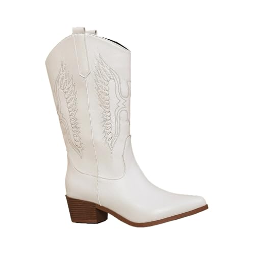 VCSZYAFX Cowgirl High Knee Stiefel Keilabsatz bestickt Winterschuhe for Frauen weiß rot rosa Cowboy(White,36) von VCSZYAFX