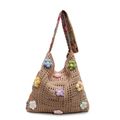 VCSZYAFX Damen Blumen Häkelhandtasche Kapazität Stricktasche Stilvolle Strick-Umhängetasche(Brown) von VCSZYAFX