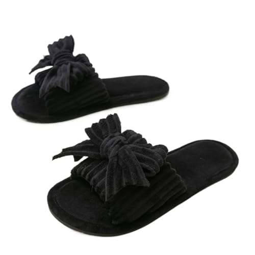 VCSZYAFX Damen Bow Plüsch Offene Zehen Memory Foam Flauschige Hausschuhe(Black,40-41) von VCSZYAFX