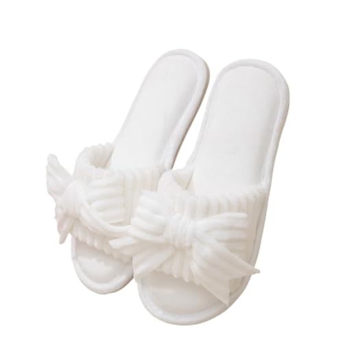 VCSZYAFX Damen Bow Plüsch Offene Zehen Memory Foam Flauschige Hausschuhe(White,38-39) von VCSZYAFX