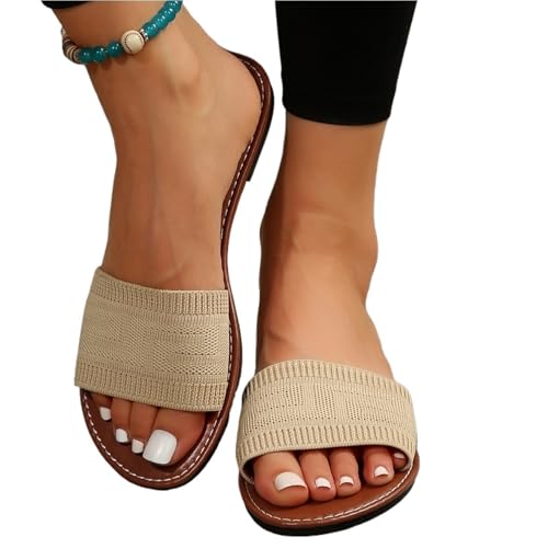 VCSZYAFX Damen Hausschuhe Flache Sandalen Offene Spitze Rutschfeste Outdoor Strand Slides Damen(Beige,36) von VCSZYAFX