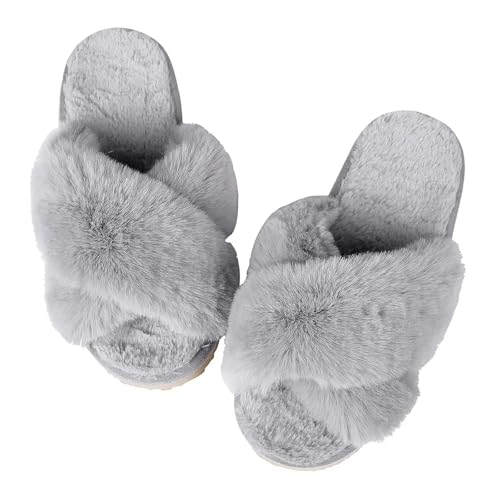 VCSZYAFX Damen Hausschuhe Memory Foam Offene Zehen Plüsch Slides Casual Flat Schuh(Grey 2,44-45) von VCSZYAFX