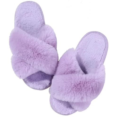 VCSZYAFX Damen Hausschuhe Memory Foam Offene Zehen Plüsch Slides Casual Flat Schuh(Purple 1,40-41) von VCSZYAFX