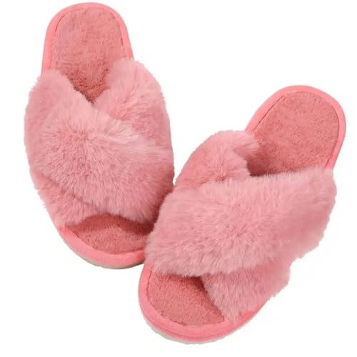 VCSZYAFX Damen Hausschuhe Memory Foam Offene Zehen Plüsch Slides Casual Flat Schuh(Red 2,40-41) von VCSZYAFX