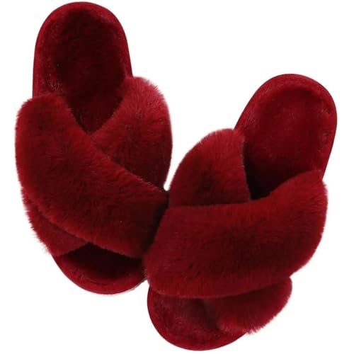 VCSZYAFX Damen Hausschuhe Memory Foam Offene Zehen Plüsch Slides Casual Flat Schuh(Red 3,38-39) von VCSZYAFX