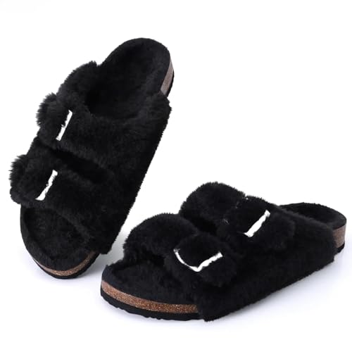 VCSZYAFX Damen Hausschuhe Winter Weiche Offene Zehen Indoor Plüsch(Black,38) von VCSZYAFX