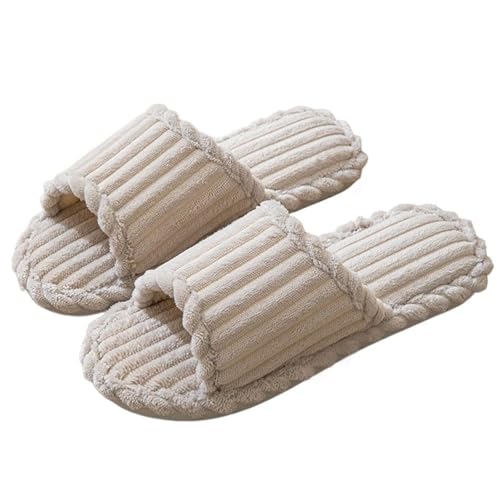 VCSZYAFX Damen-Hausschuhe for drinnen und zu Hause mit gestreiften Baumwoll-Hausschuhen mit offener Spitze(Beige,42-43) von VCSZYAFX