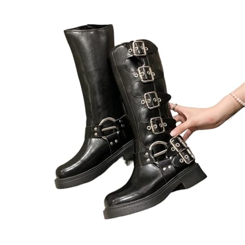 VCSZYAFX Damen Kniehohe Stiefel Western Cowboy Casual Leder for Frauen Gürtelschnalle Punk Boot Mid Calf(Black,35) von VCSZYAFX