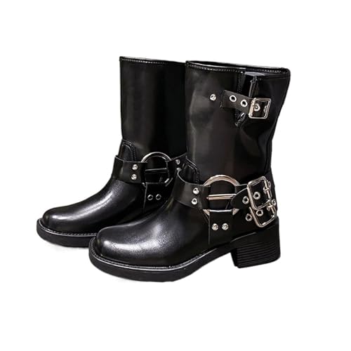 VCSZYAFX Damen Kniehohe Stiefel Western Cowboy Casual Leder for Frauen Gürtelschnalle Punk Boot Mid Calf(Black 2,38) von VCSZYAFX