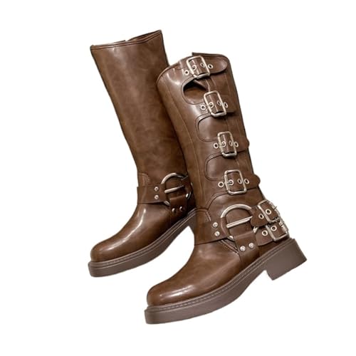VCSZYAFX Damen Kniehohe Stiefel Western Cowboy Casual Leder for Frauen Gürtelschnalle Punk Boot Mid Calf(Brown,39) von VCSZYAFX