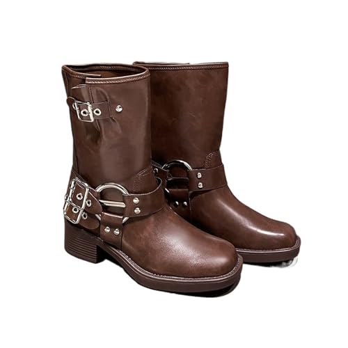 VCSZYAFX Damen Kniehohe Stiefel Western Cowboy Casual Leder for Frauen Gürtelschnalle Punk Boot Mid Calf(Brown 2,36) von VCSZYAFX