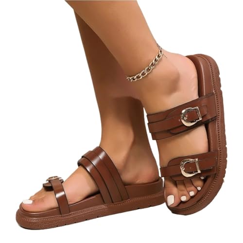 VCSZYAFX Damen Plateau-Hausschuhe Freizeitschuhe Offene Zehen Flache Sandalen(Brown,40) von VCSZYAFX