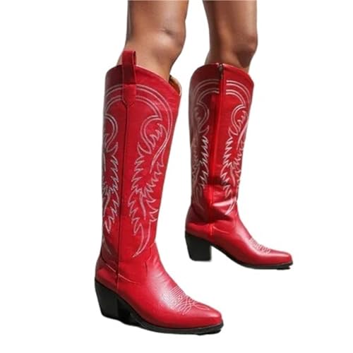VCSZYAFX Damen Rome Street Damenschuhe Braun Rot Schwarz Stickerei Kniehohe klobige High Heels Western Cowboy Wide Boots(Color-01,9) von VCSZYAFX